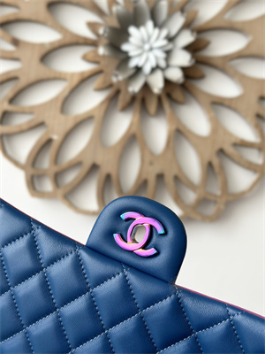 Cha.nel Medium Classic Flap Bag Lambskin Iridescent Metal Dk Blue/Rose Purple 01112