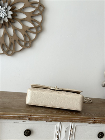 Ch*el medium classic flap bag iridescent grained calfskin gold tone metal lt beige 01112