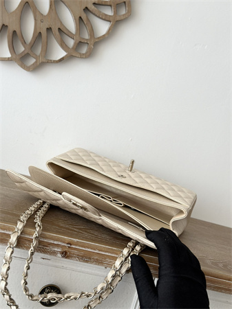 Ch*el medium classic flap bag iridescent grained calfskin gold tone metal lt beige 01112