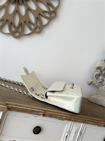 Ch*el medium classic flap bag iridescent lambskin silver tone metal white 01112