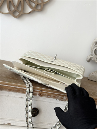 Ch*el medium classic flap bag iridescent lambskin silver tone metal white 01112