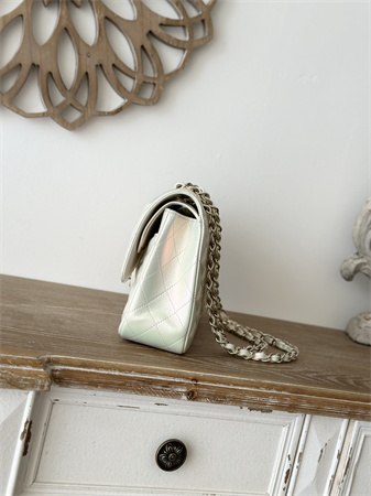 Ch*el medium classic flap bag iridescent lambskin gold tone metal white 01112