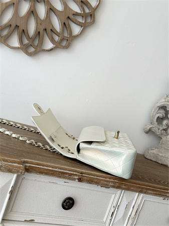 Ch*el medium classic flap bag iridescent lambskin gold tone metal white 01112