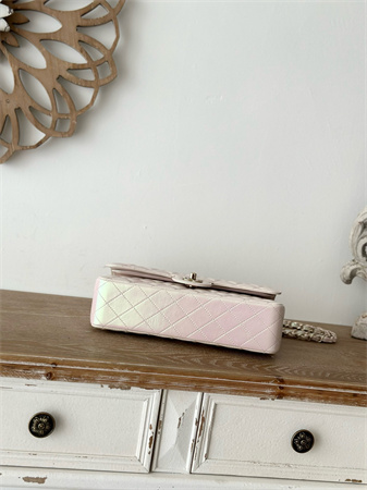 Ch*el medium classic flap bag iridescent lambskin gold tone metal lt beige 01112