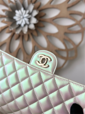 Ch*el medium classic flap bag iridescent lambskin gold tone metal lt beige 01112