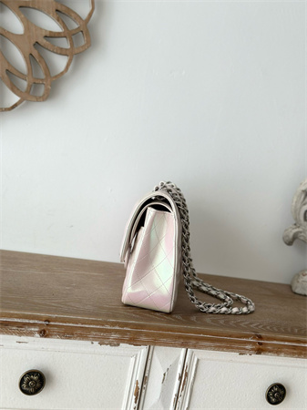 Ch*el medium classic flap bag iridescent lambskin silver tone metal lt beige 01112