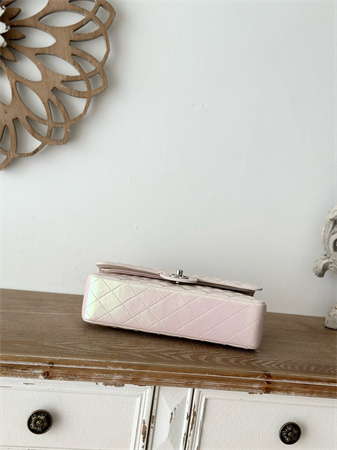 Ch*el medium classic flap bag iridescent lambskin silver tone metal lt beige 01112