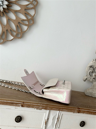 Ch*el medium classic flap bag iridescent lambskin silver tone metal lt beige 01112