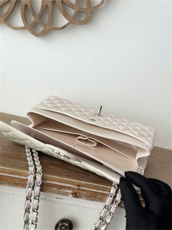 Ch*el medium classic flap bag iridescent lambskin silver tone metal lt beige 01112