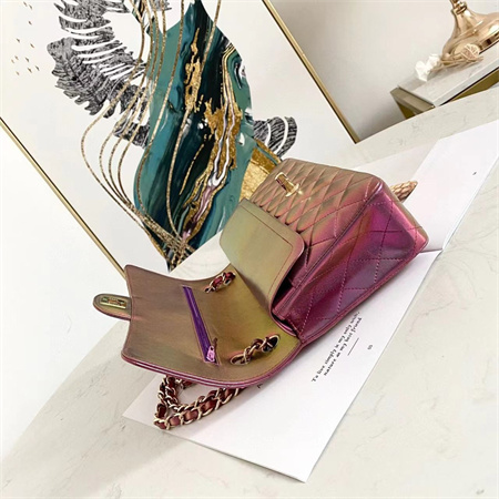 Ch*el medium classic flap bag iridescent lambskin gold tone metal 01112