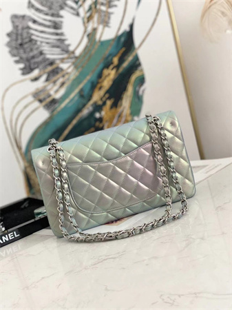 Ch*el medium classic flap bag iridescent lambskin silver tone metal 01112