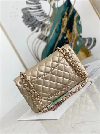 Ch*el medium classic flap bag iridescent lambskin gold tone metal champagne gold 01112