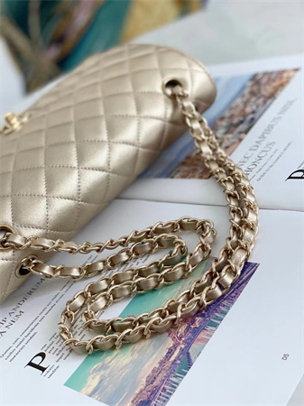 Ch*el medium classic flap bag iridescent lambskin gold tone metal champagne gold 01112