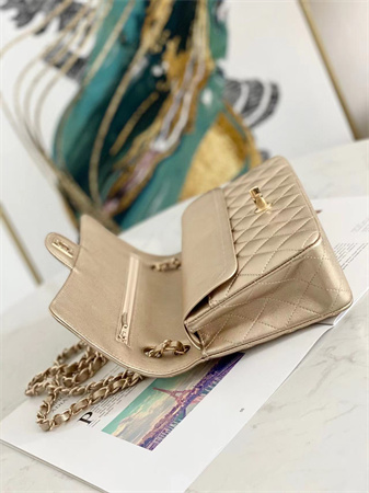 Ch*el medium classic flap bag iridescent lambskin gold tone metal champagne gold 01112