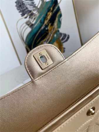 Ch*el medium classic flap bag iridescent lambskin gold tone metal champagne gold 01112