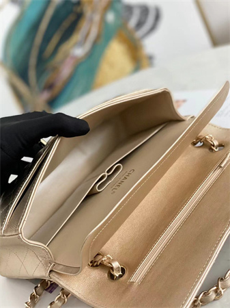 Ch*el medium classic flap bag iridescent lambskin gold tone metal champagne gold 01112