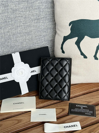 Ch*el passport holder in lambskin silver tone metal black ap3658