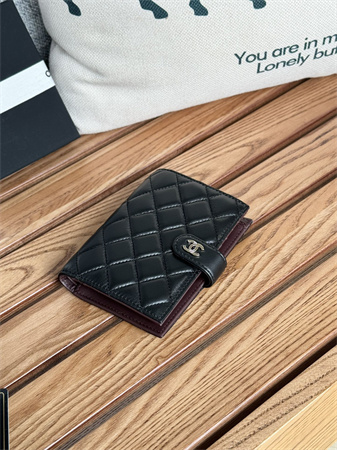 Ch*el passport holder in lambskin silver tone metal black ap3658