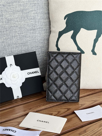 Ch*el passport holder in grained calfskin gold tone metal black a80385