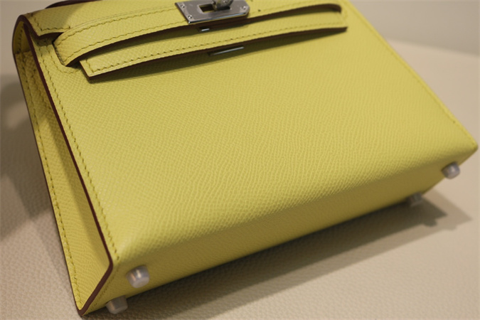 Kelly Mini II Bag Epsom Leather Gold/Silver Hardware In Jaune Poussin Color HS