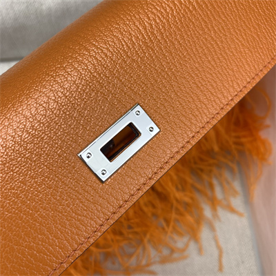 Kelly Elan Bag Goatskin Leather With Ostrich Feather Silver Tone Metal In Orange HS