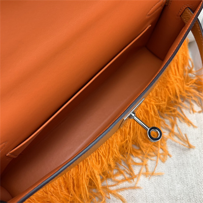 Kelly Elan Bag Goatskin Leather With Ostrich Feather Silver Tone Metal In Orange HS