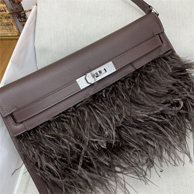 Kelly Elan Bag Goatskin Leather With Ostrich Feather Silver Tone Metal In Rouge Moyen HS