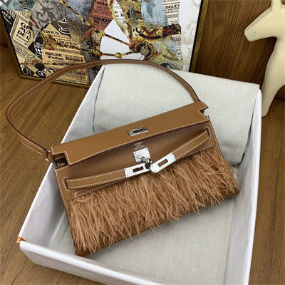 Kelly Elan Bag Goatskin Leather With Ostrich Feather Silver Tone Metal In Gold HS