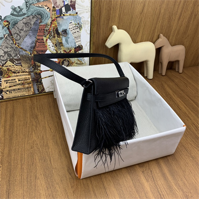 Kelly Elan Bag Goatskin Leather With Ostrich Feather Silver Tone Metal In Black HS
