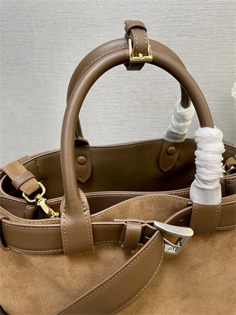Pra*a buckle medium suede leather handbag with double belt brown1ba417
