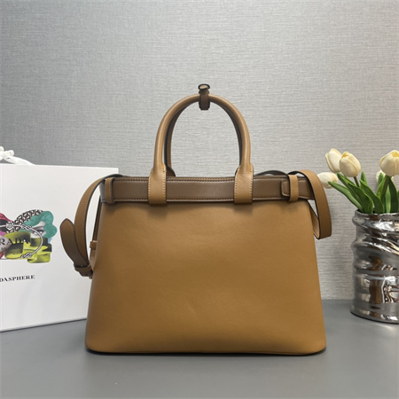 Pra*a buckle medium leather handbag with double belt brown 1ba417