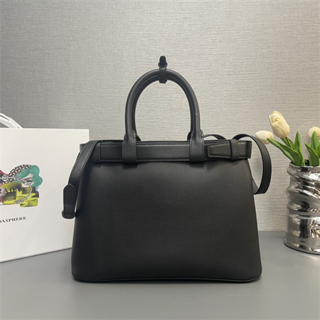 Pra*a buckle medium leather handbag with double belt black 1ba417