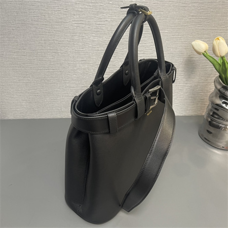 Pra*a buckle medium leather handbag with double belt black 1ba417