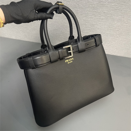 Pra*a buckle medium leather handbag with double belt black 1ba417