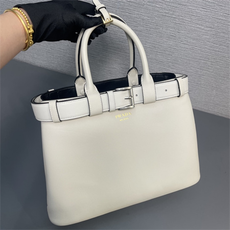 Pra*a buckle medium leather handbag with double belt cream 1ba417
