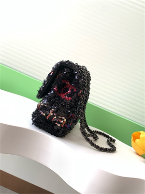 Cha.nel Flap Bag Sequins & Silver-Tone Metal Black AS4561