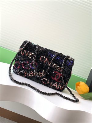 Cha.nel Flap Bag Sequins & Silver-Tone Metal Black AS4561