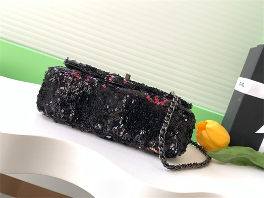 Cha.nel Flap Bag Sequins & Silver-Tone Metal Black AS4561