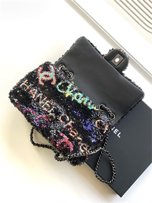 Cha.nel Flap Bag Sequins & Silver-Tone Metal Black AS4561