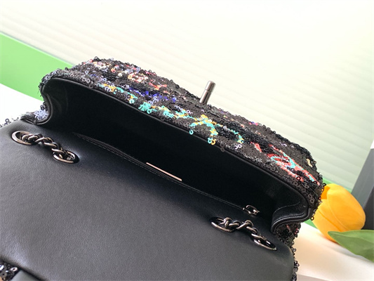 Cha.nel Flap Bag Sequins & Silver-Tone Metal Black AS4561