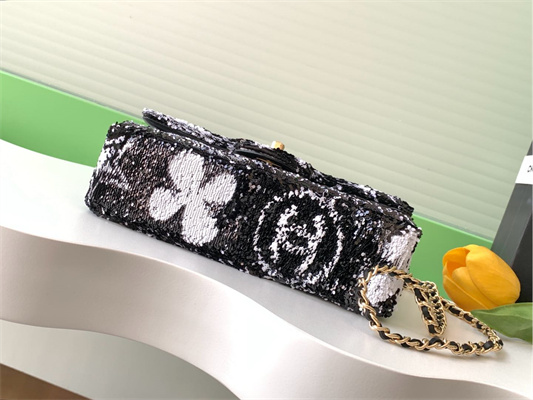 Cha.nel Flap Bag Sequins & Gold-Tone Metal Black/White AS4561