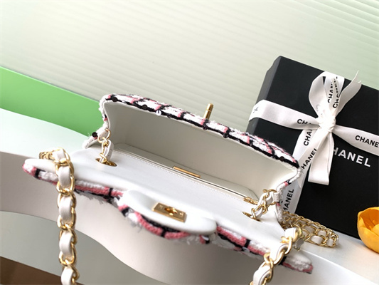 Cha.nel Mini Classic Flap Bag Tweed With Sequins Gold Tone Metal White/Pink 01116