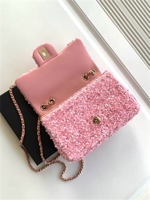 Cha.nel Mini Classic Handbag Sequins and Gold Tone Metal Pink A69900