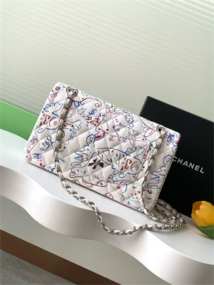 Cha.nel Medium Classic Flap Bag Colorful Canvas Silver Tone Metal White 01112