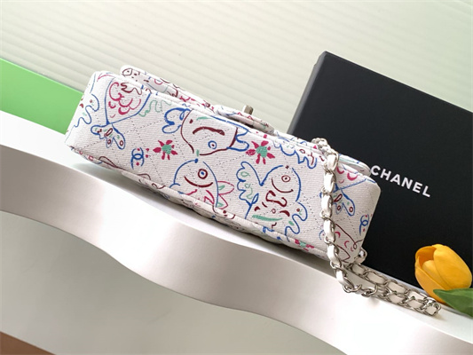 Cha.nel Medium Classic Flap Bag Colorful Canvas Silver Tone Metal White 01112