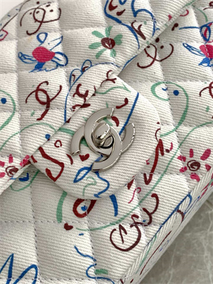 Cha.nel Medium Classic Flap Bag Colorful Canvas Silver Tone Metal White 01112