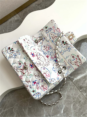Cha.nel Medium Classic Flap Bag Colorful Canvas Silver Tone Metal White 01112