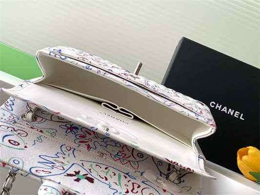Cha.nel Medium Classic Flap Bag Colorful Canvas Silver Tone Metal White 01112