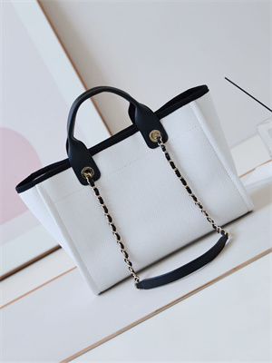 Cha.nel Deauville Small Shopping Bag Mixed Fibers Gold Tone Metal White/Black AS3257