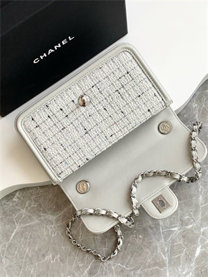 Cha.nel Mini Classic Flap Bag Tweed With Grey Leather Silver Tone Metal AS5243